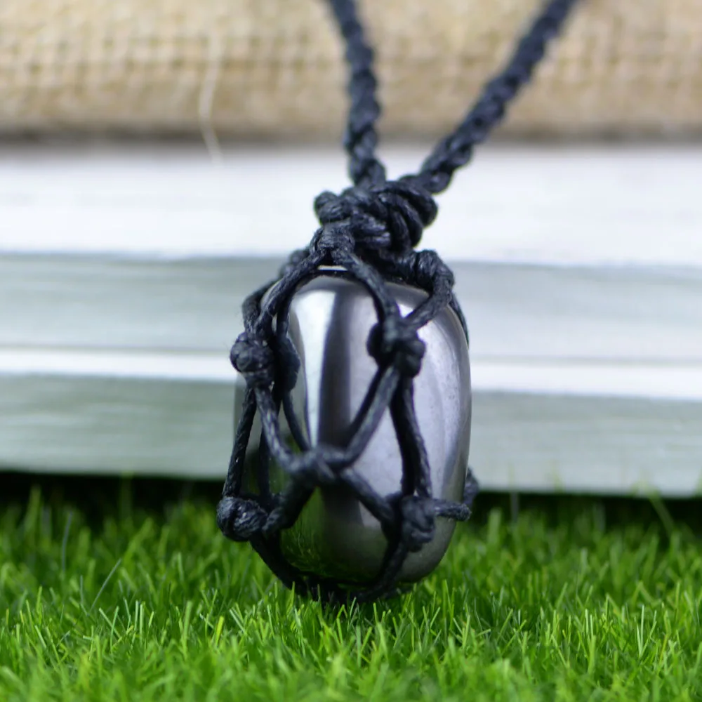 

Macrame Hemp Necklace Hematite Stone Pendant Wire Wrap Hippie Natural Black Stone Pendant Jewelry 10*20mm