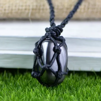 

Macrame Stone Necklace Hematite Pendant Wire Wrap Hippie Natural Black Stone Pendant Jewelry 10*20mm