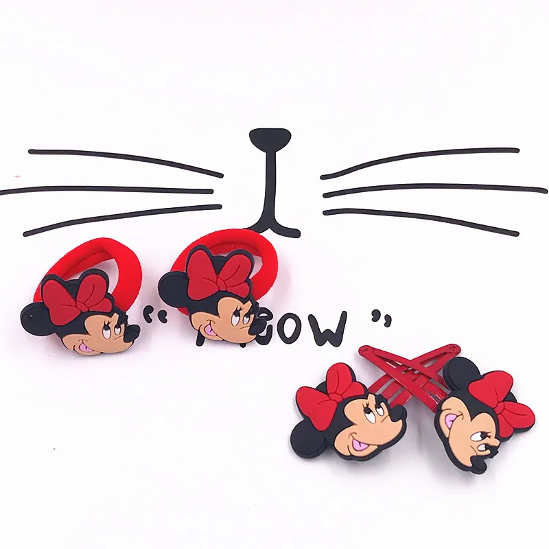 

2Pairs Lovely Cartoon Mickey Minnie Headwear Girls Hair Clip+Elastic Hair Bands Children Hair pins Hair Accessories Kids Gift