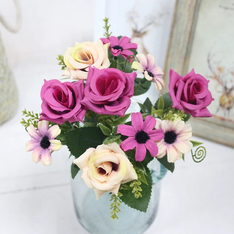 JAROWN Simulation Rose Bouquet Artificial Silk Flowers Fake Flower Art Decoration For Wedding Home Office Desktop Placement (8)