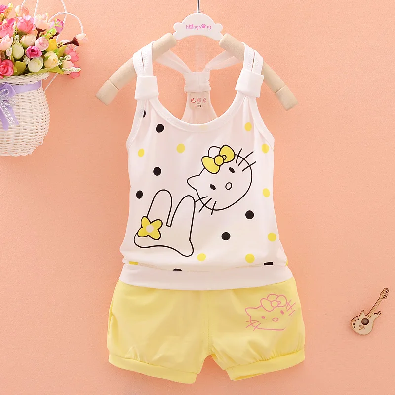 

Baby Girl Summer Clothes Cute Hello Kitty Sleeveless Tops Vest + Shorts 2PCS Childrens Infant Clothing Kids Bebes Jogging Suits