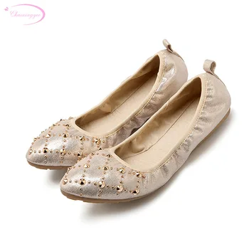 

Chainingyee sweet style comfortable round toe soft travel rollable shoes rivets slip-on gold silver flat with women's shoes