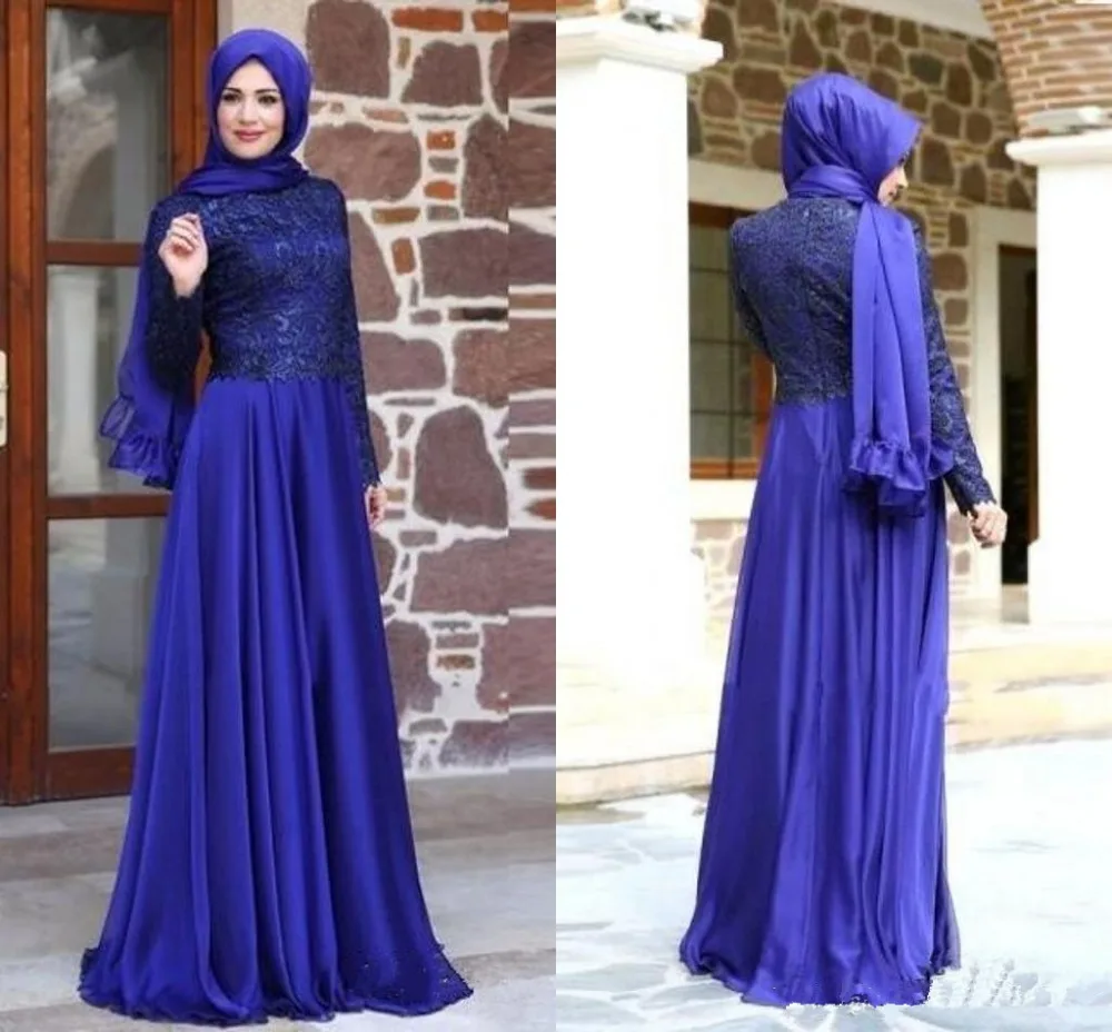 

Royal Blue Muslim Evening Dresses 2019 A-line Long Sleeves Chiffon Lace Islamic Scarf Dubai Saudi Arabic Long Prom Evening Gown