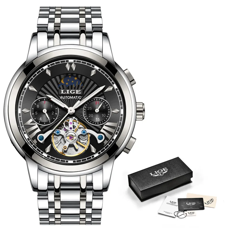 LIGE часы Классический турбийон синий циферблат Роскошные Мужские автоматические часы из нержавеющей стали водонепроницаемые механические часы для мужчин - Цвет: Silver black