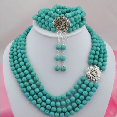 

huij 004062 4strands 8" 8mm round turquoise necklace bracelet earring