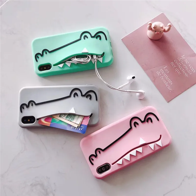 

Fashion Cartoon Cute Crocodile Card Pack Silicone Phone Cases For iPhone 6 6s 7 8 Plus Couple Back Cover For iPhone X XS XR MAX