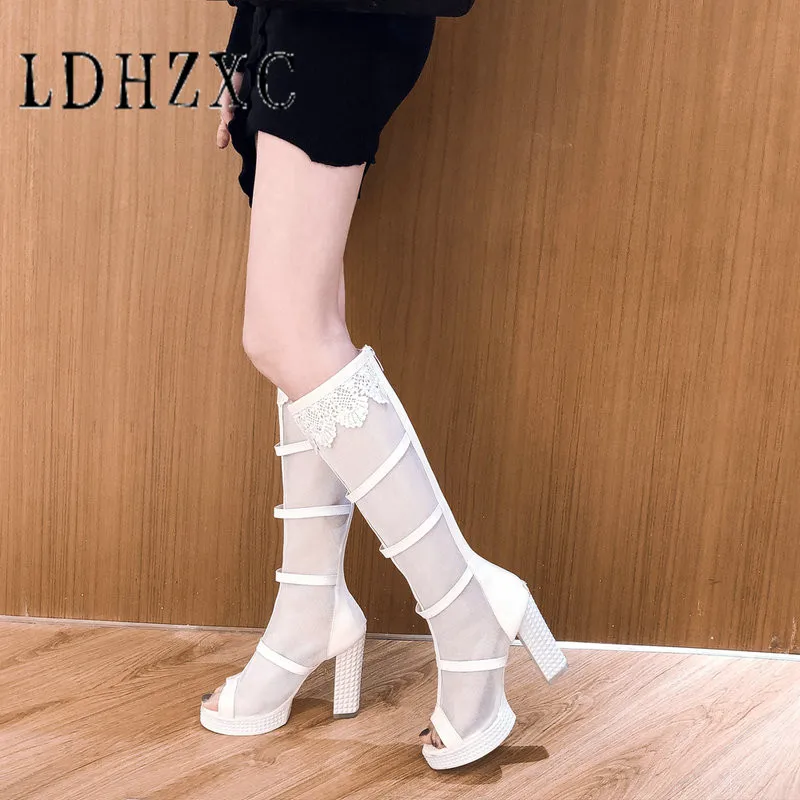 

LDHZXC Women's Summer Boots Ladies Platform Square High Heel Gladiator Cross Tied Peep Toe Big Size Black White 2019