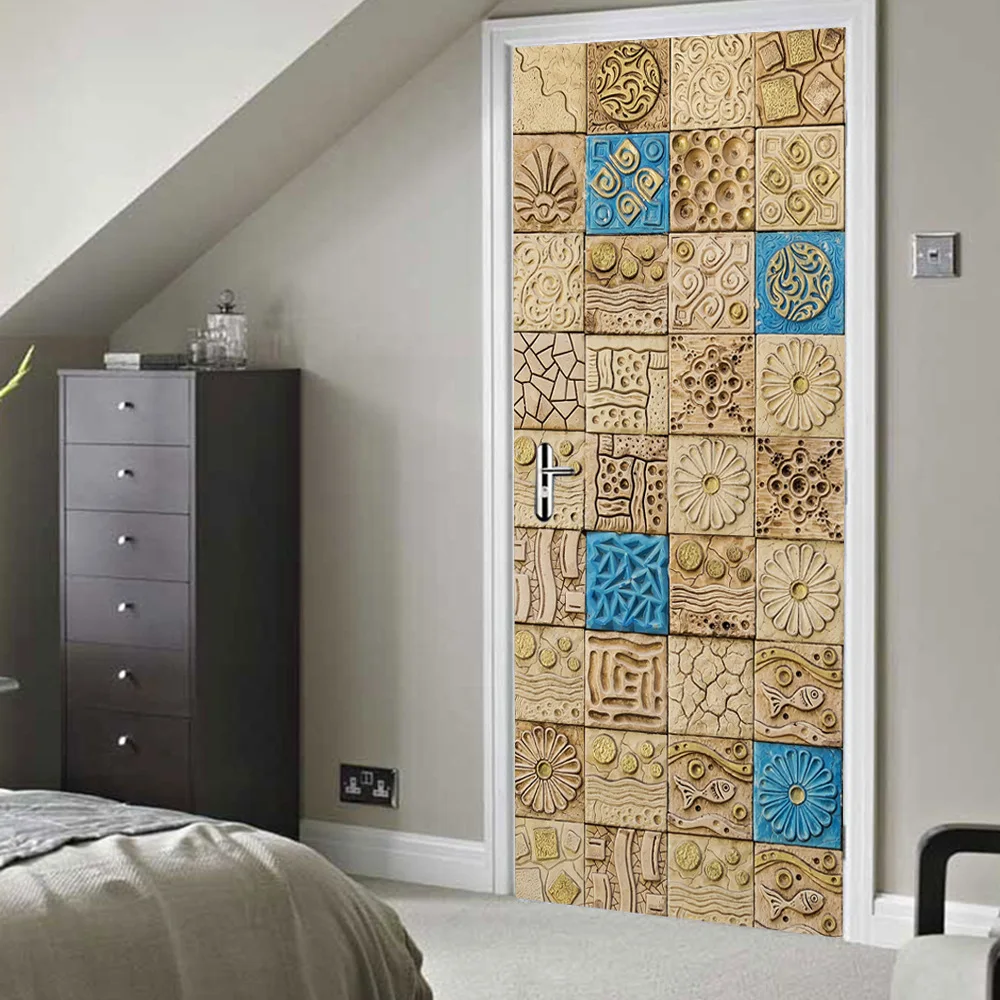 

Arabian style Tile creative 3d door sticker Wooden door home decoration sticker PVC waterproof self-adhesive wallpaper customize