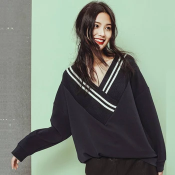 

SuperAen Autumn New Hoody Loose V-neck Girls Sweatshirts Cotton Wild Casual Ladies Tops 2018 Knit Splice Women Sweatshirts