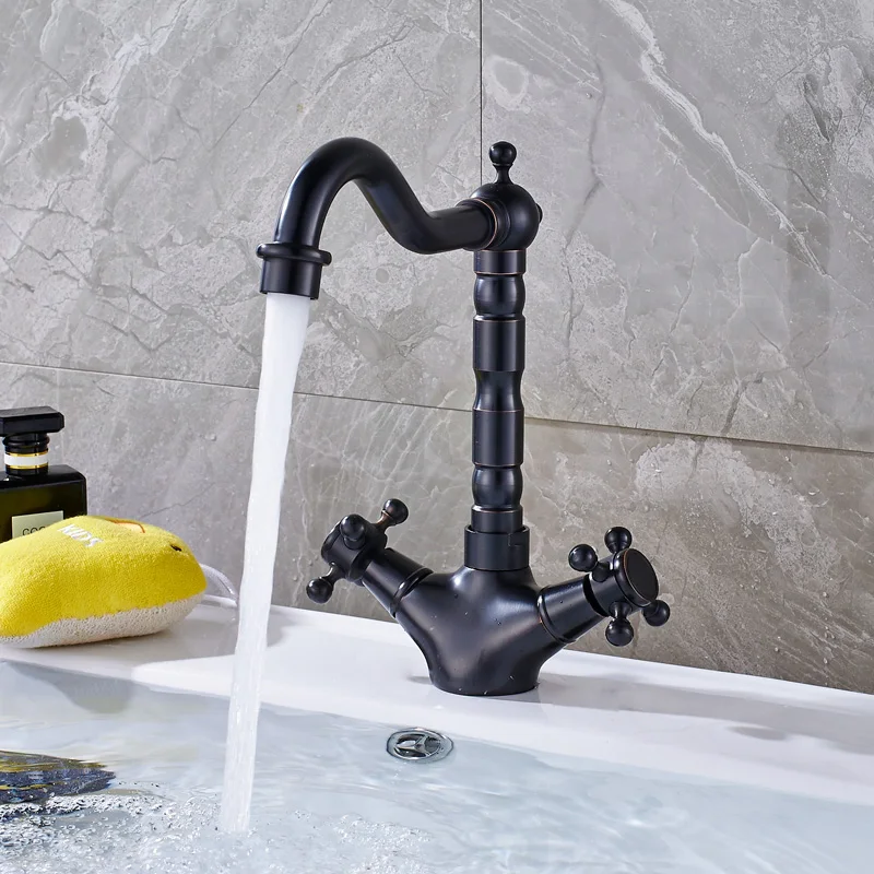 Dual Handle Swivel Bathroom Kitchen Sink Faucet Antique Brass Mixer Tap With Hot And Cold Water Deck Mounted basin faucet bathroom faucet kitchen faucet