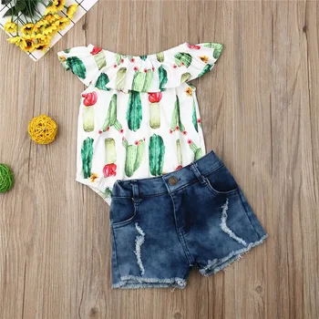 

Girls Clothes Set Ruffle Short Sleeve Baby Rompers Floral Print Bodysuits Kids Jean Shorts Pants Children Girls Sets Clothing
