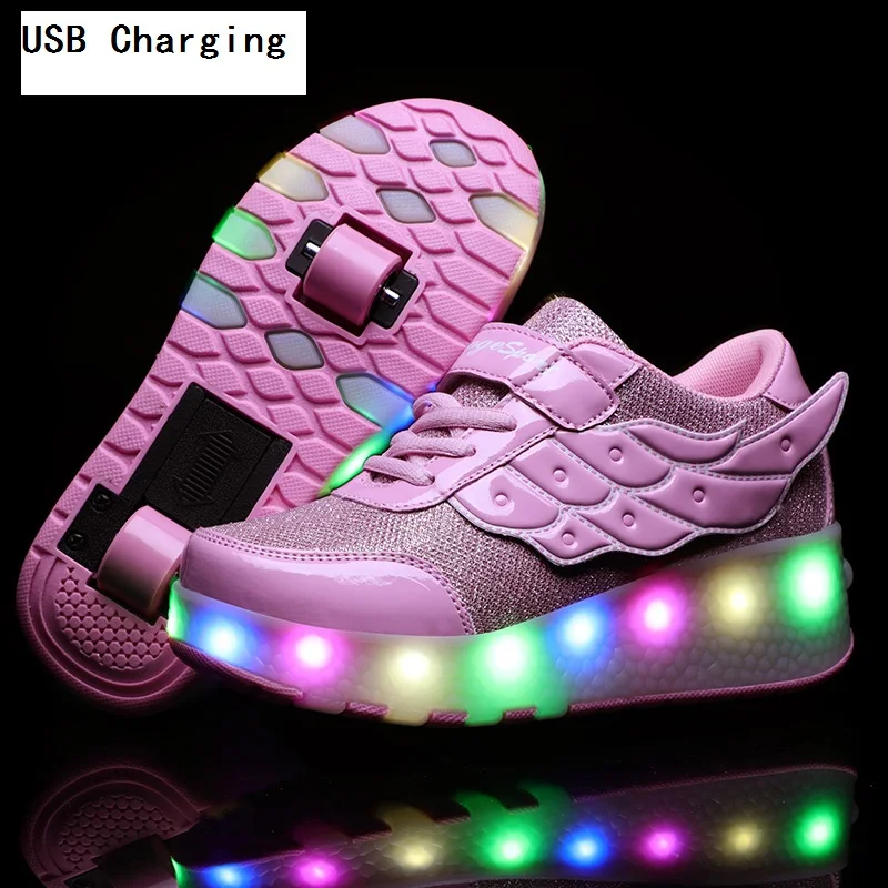 Дети один два колеса светящиеся, Сияющие кроссовки Золотой Розовый Светодиодный светильник роликовые скейт обувь дети Led обувь Мальчики Девочки usb зарядка - Цвет: Two wheels USB Pink