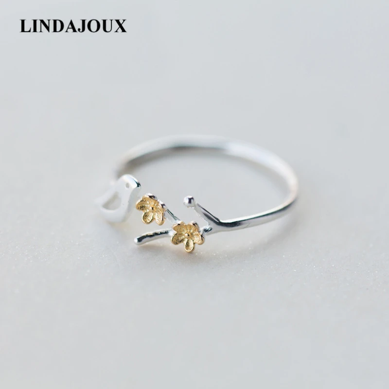

LINDAJOUX 925 Sterling Silver Pretty Bird Standing Tree Open Ring For Women S925 Resizable Wedding Engagement Rings DropShipping