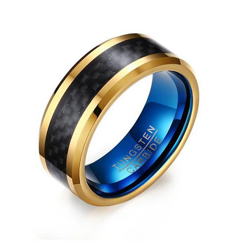 Gold Colour Tungsten and Black Carbon fiber Ring Men Vintage Wedding