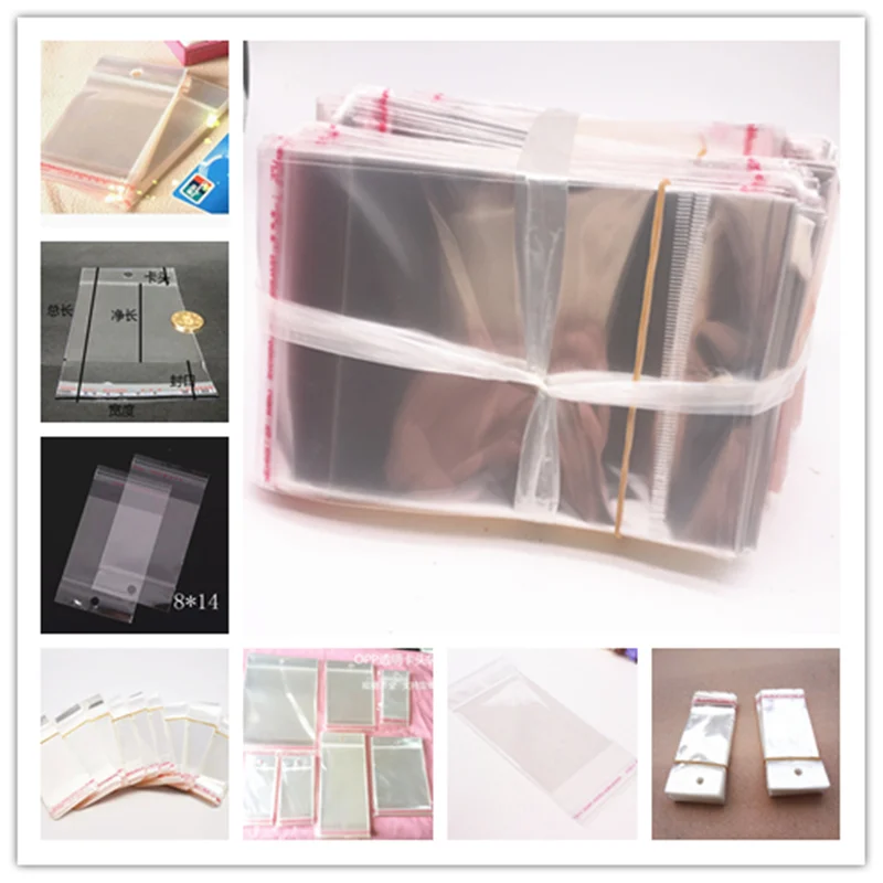 100pcs 7x14cm Clear Self Adhesive Seal Plastic Bags Transparent Resealable OPP Packing Poly Bags Pick Beads Hanging Holes