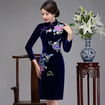 

2020 New Female Qipao Floral Slim Chinese onal DTraditiress Velvet Plus Size Mandarin Ele Collargant Cheongsam Vestidos S-4XL