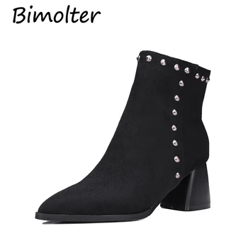

Bimolter Fashion Rivet Pointed Toe High Heel Flock Chelsea Boots Women Short Plush Sping/Fall Ankle Boots Big Size32-43 PAEA022