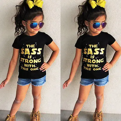 Одежда для малышей топы для девочек с принтом «sass», футболка черный с короткими рукавами, футболка, одежда