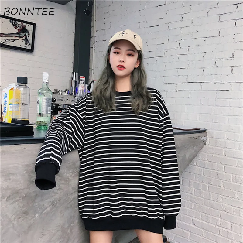 Hoodies Women O-Neck Retro Chic Striped Loose Korean Style Sweatshirt Simple Soft Long Sleeve Pullo