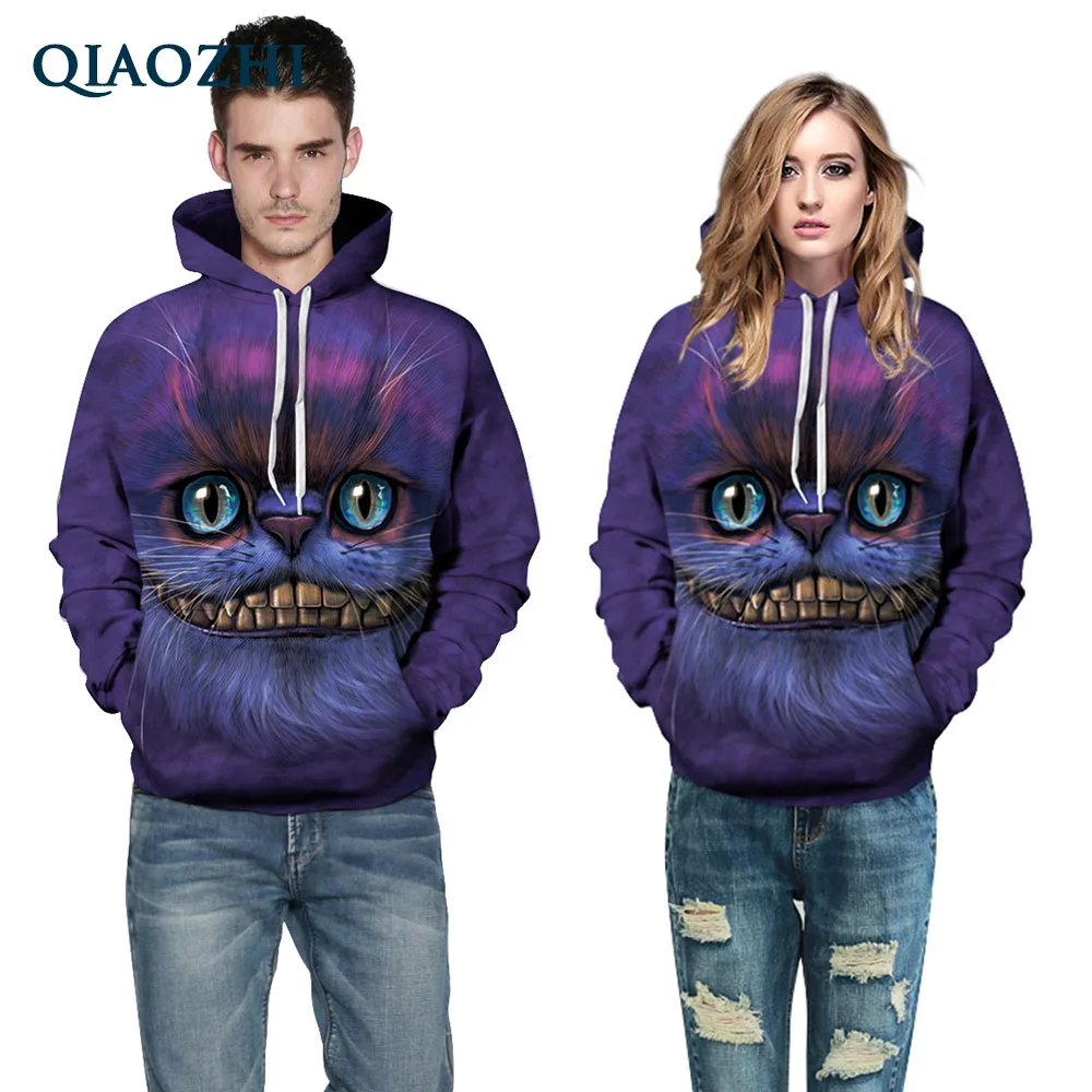 QIAOZHI Women Unisex Hoodies Pullover Funny Cat Hoodie 3D Sweatshirts