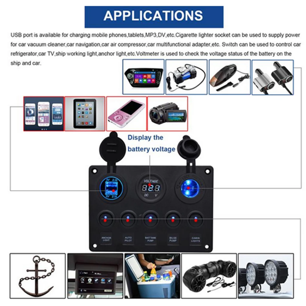 Водонепроницаемый вольтметр Панель управления 12 в двойной Usb Автомобильное зарядное устройство 12 В вольтметр 5 банд Авто Лодка кулисный переключатель панель