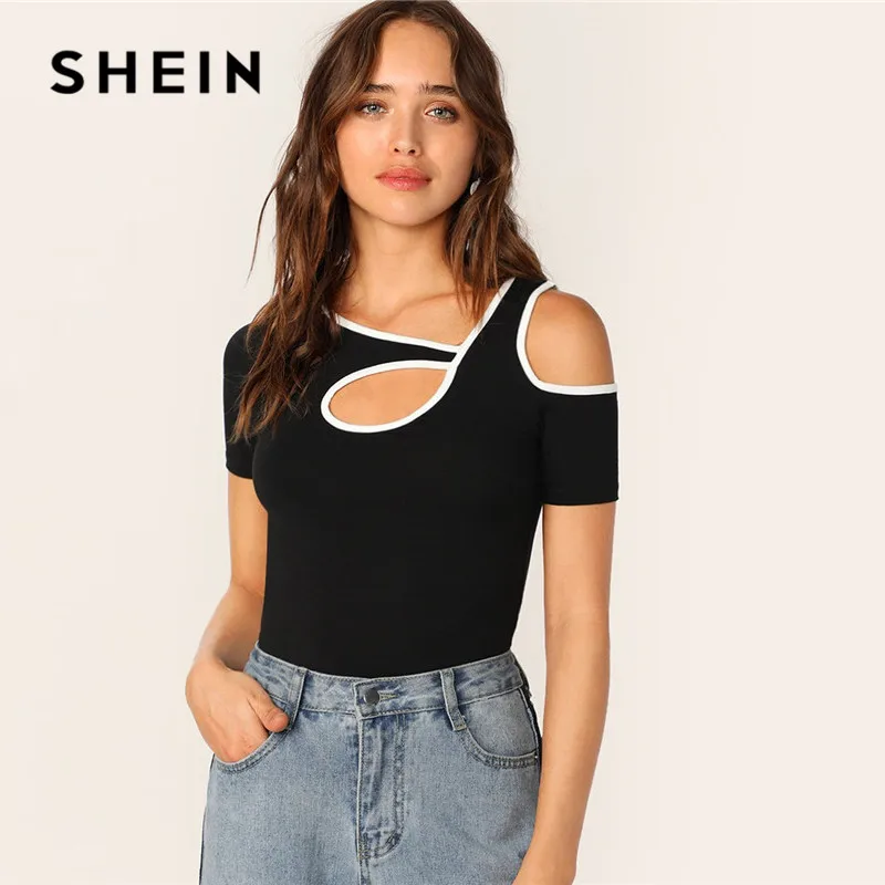 SHEIN Черная Спортивная контрастная облегающая футболка с вырезами женская летняя повседневная облегающая Асимметричная футболка с вырезом Женские топы