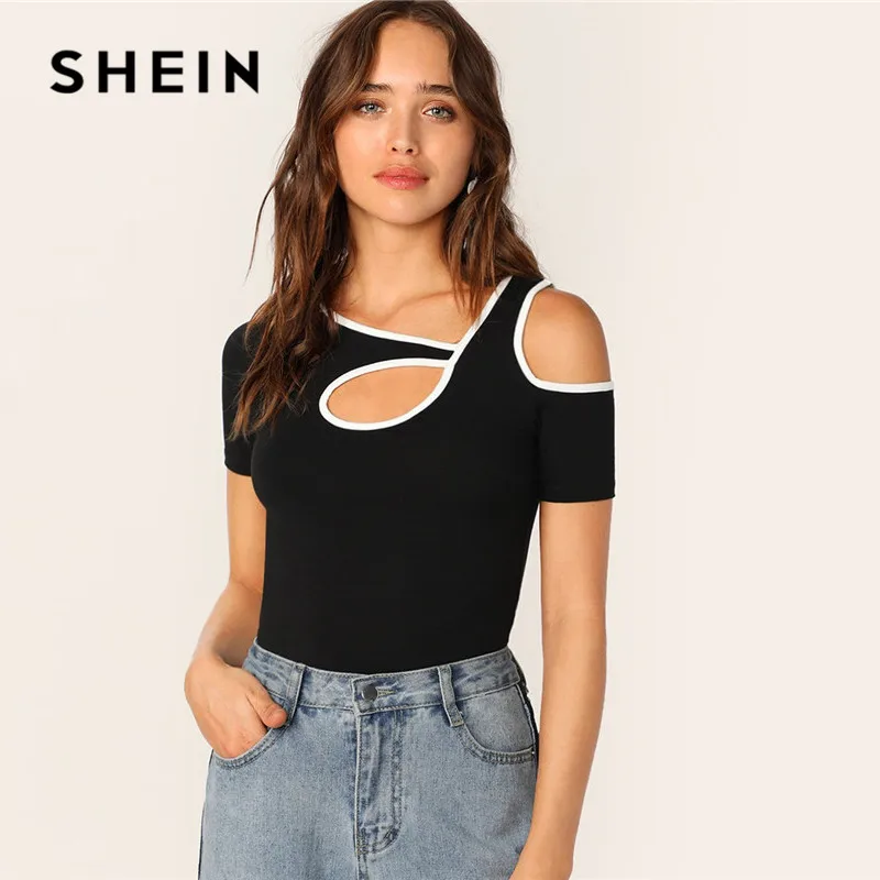 

SHEIN Black Sporty Contrast Binding Cutout Detail Tshirt Women Summer Casual Slim Fit Asymmetrical Neck T Shirt Ladies Tops
