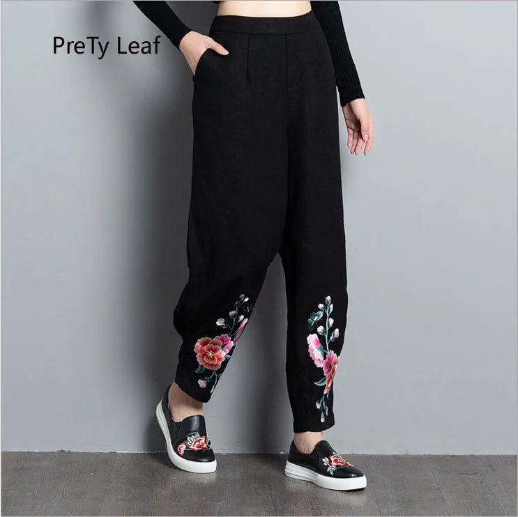 

National style women's casual trousers 2018 autumn new cotton and linen embroidered feet pants