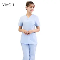 Viaoli костюм больничной медсестры Горячая продажа scurbs медицинская форма, новый стиль v-образный вырез медицинские scurbs с синими цветочками