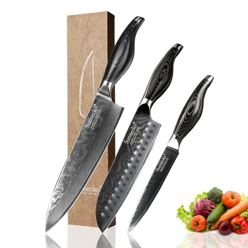 

SUNNECKO 3PCS Kitchen Knives Set Premium Santoku Chef Utility Knife Damascus Japanese VG10 Steel Sharp Blade Pakka Wood Handle