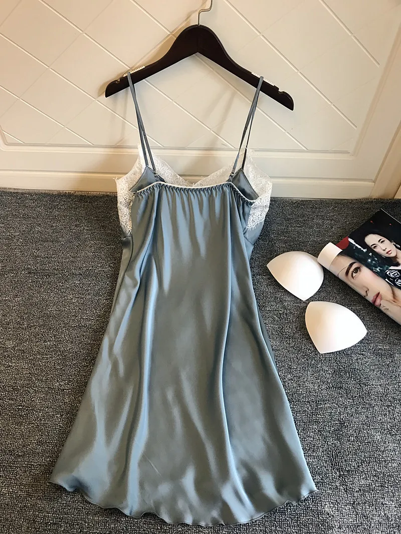 Women's Sleepwear Silk Satin Nightgowns Summer Sexy Lace Sleepshirt Night Dress Night Gown With Chest Pads Nightwear Lingerie 18