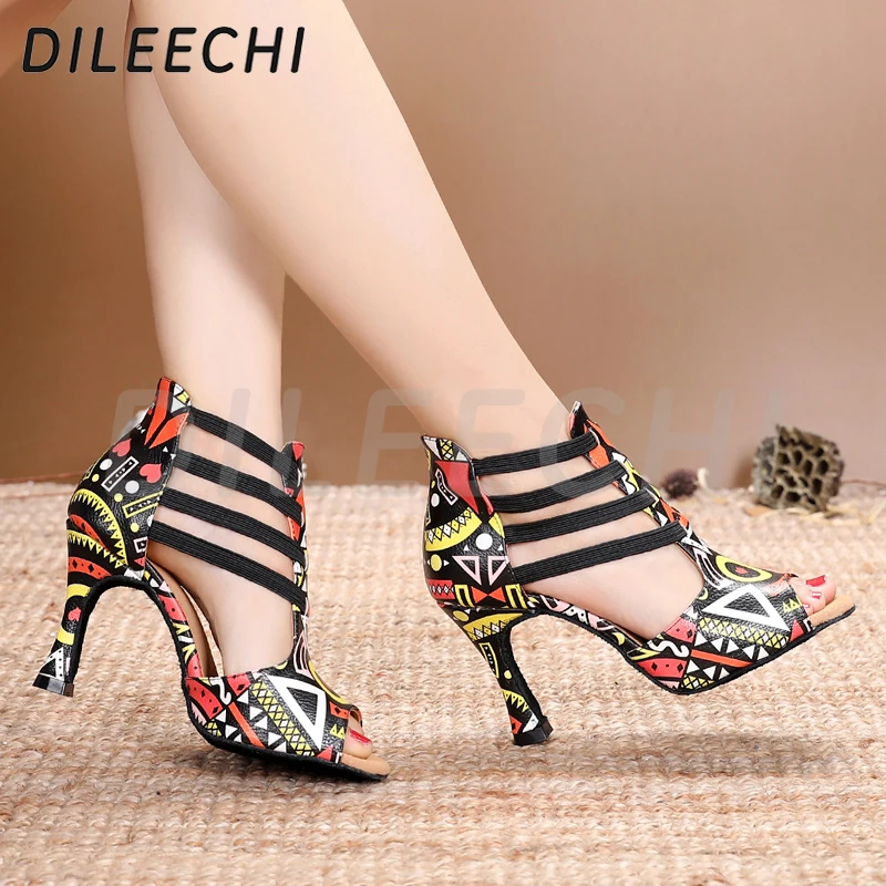 Dance Shoes DILEECHI Featured print Dance Shoes For Women Latin Salsa Dance Boots Paty Ballroom Shoes Women cuban heel 9CM