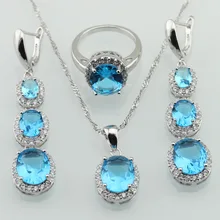 Luz redonda Azul Creado Topacio Blanco CZ Joyería de Plata de Color Para Las Mujeres Collar Colgante Anillos Largos de Aretes de Regalo Gratis caja