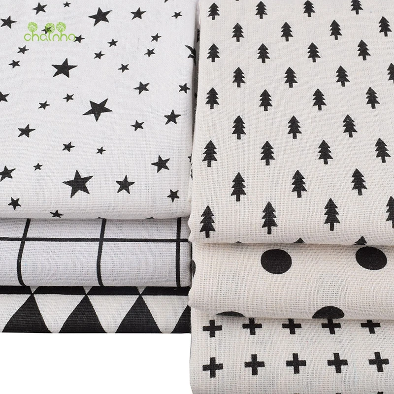 Chainho,6pcs/Lot,Black&White Series,Patchwork Printed Cotton Linen Fabric,For DIY Quilting&Sewing Placemat,Bags Material,25x45cm