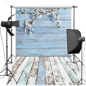 

Blue Grey Wood Wall White Flowers Photography Backdrop Baby Shower Custom Off White Gray Wooden Floor Photographic Backgrounds