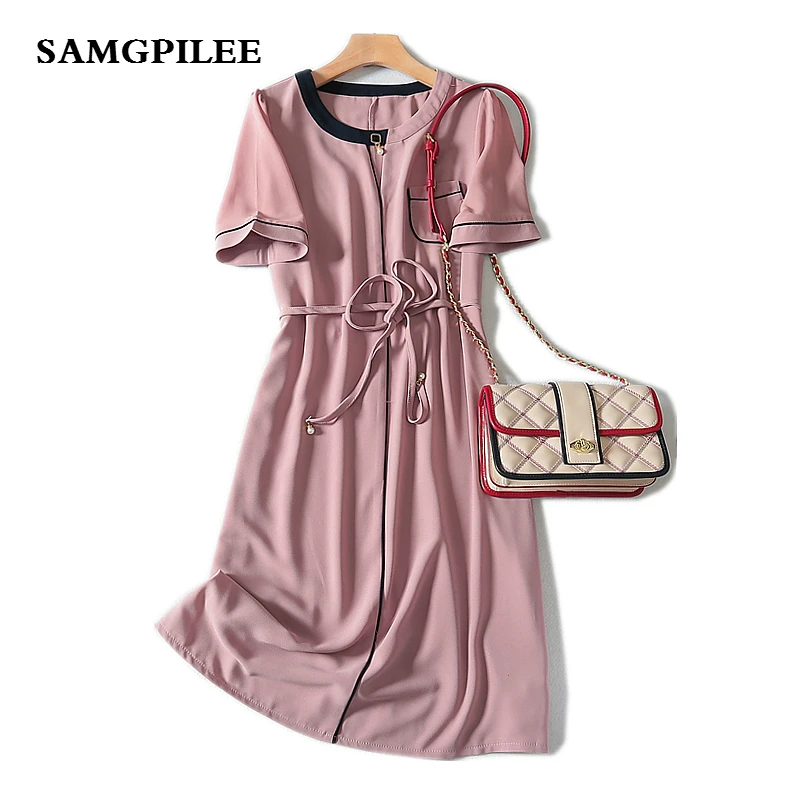 

2019 Sale New A-line Solid Short Sleeve Sashes Knee-length Fashion Natural O-neck Summer Women Dresses L-3xl
