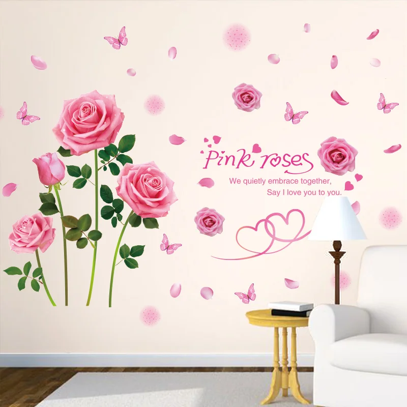 

[SHIJUEHEZI] Pink Rose Flower Wall Stickers for House Living Room Girl's Bedroom Wedding Room Decoration Stickers Muraux