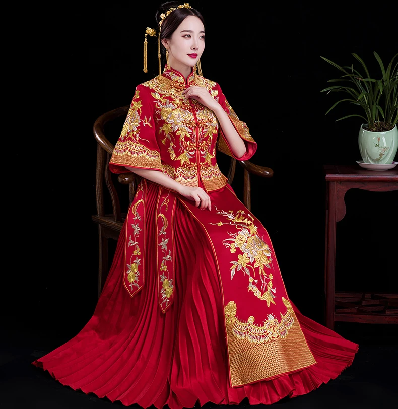 Красный традиционный Show невесты вышивка cheongsam замуж костюмы в китайском стиле торжественный свадебный наряд женские за рубежом китайский