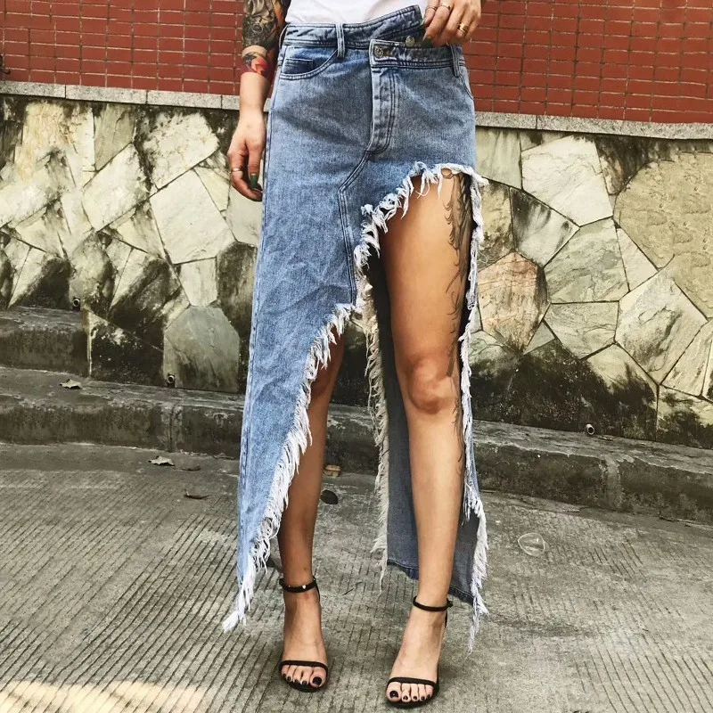Koop VGH Kwastje Denim vrouwen Cowboy Rok Blue High Street Onregelmatige Hoge Taille Rechte Vrouwen Rok 2019 Zomer Mode Toevallige nieuwe