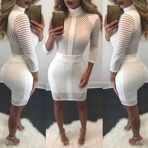 

White Women Striped Bodycon Bandage Pencil Dress Sundress Sexy Party Evening Long Sleeve Mini Dresses Summer Vestidos Clothes