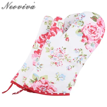 

Neoviva Cotton Canvas Coated Oven Glove for Adult Women Set of 2 Floral Lollipop Red Flower Print Baking Gloves Ovens Handschoen