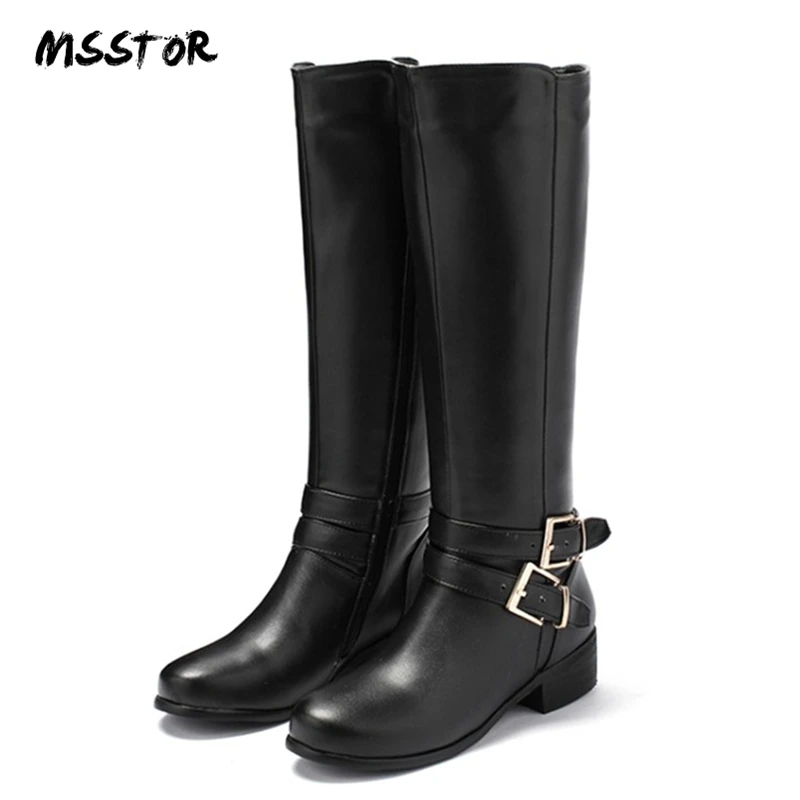 

MSSTOR Round Toe Concise Fashion Knee High Boots Women Black Plus Size Women Winter Boots Zipper Casual Flat Long Boots 3.5CM