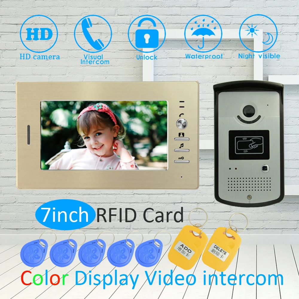 (1 SET)Golden color Door intercom System For House 7 inch surface Monitor Wire type Video Door Phone Night Version Doorbell RFID