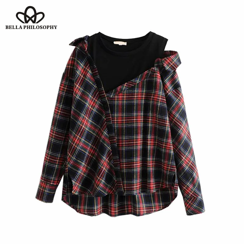 Wonder 2018 new Vintage Stylish Plaid Irregular Loose Tops Blouses O Neck Long Sleeve Streetwear Shirts Casual Blusas Mujer