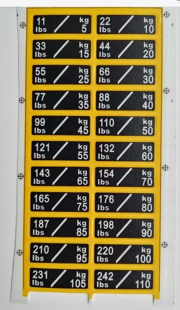 

WEIGHT STACK LABELS, WHITE NUMBERS ON BLACK BACKGROUND Weight sticker