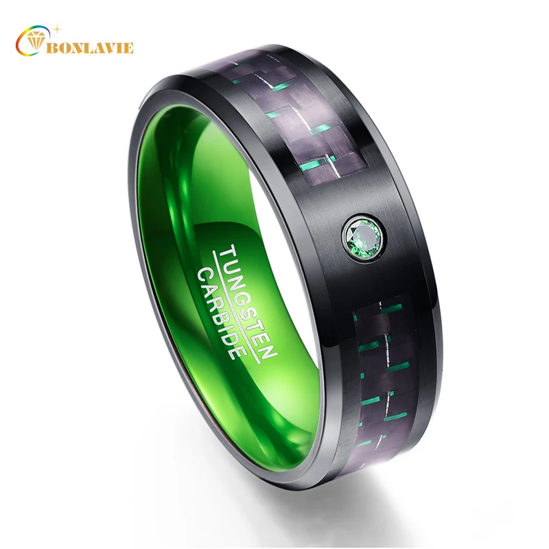 

Carbon Fiber Party Ring Green Zircon Men Rings 100% Tungsten Carbide Wedding Bands Anillos para hombres Ring