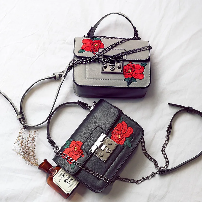 

New vintage Floral Embroidered Bag Women PU Leather Handbags Famous Brand Women chain Shoulder Messenger Bags Bolsos Sac