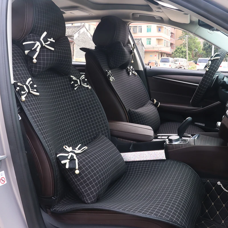 Classic-Plaid-Car-Seat-Covers-For-Women-Girls-Bowknot-Cotton-Universal-Automobile-Seat-Protection-Cushion-2