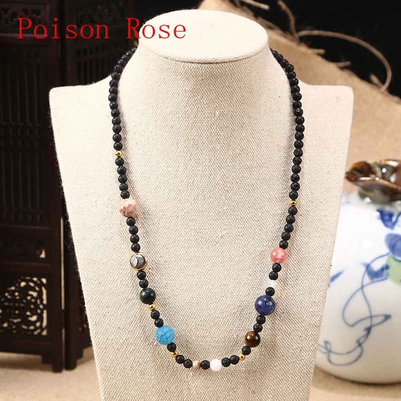 Poison Rose Design Universe Galaxy Nine Eight Planet Natural Stone Stretch Necklace Fashion Men and women Bracelet | Украшения и