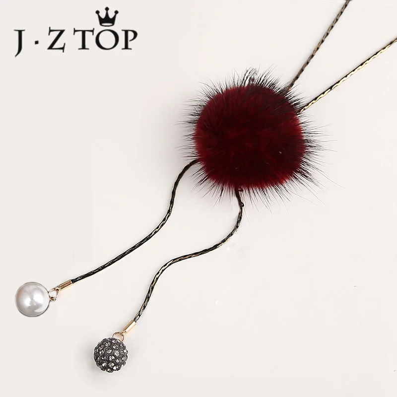 

JZTOP Crystal Imitation Pearl Long Necklace Woman Mink Hair Ball Adjustable Pendant Sweater Chain Female Fashion Collier Jewelry